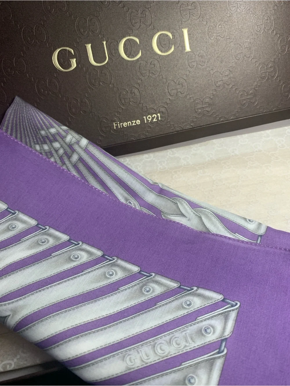 Gucci Purple Silk Scarf with Silver Accent Pattern